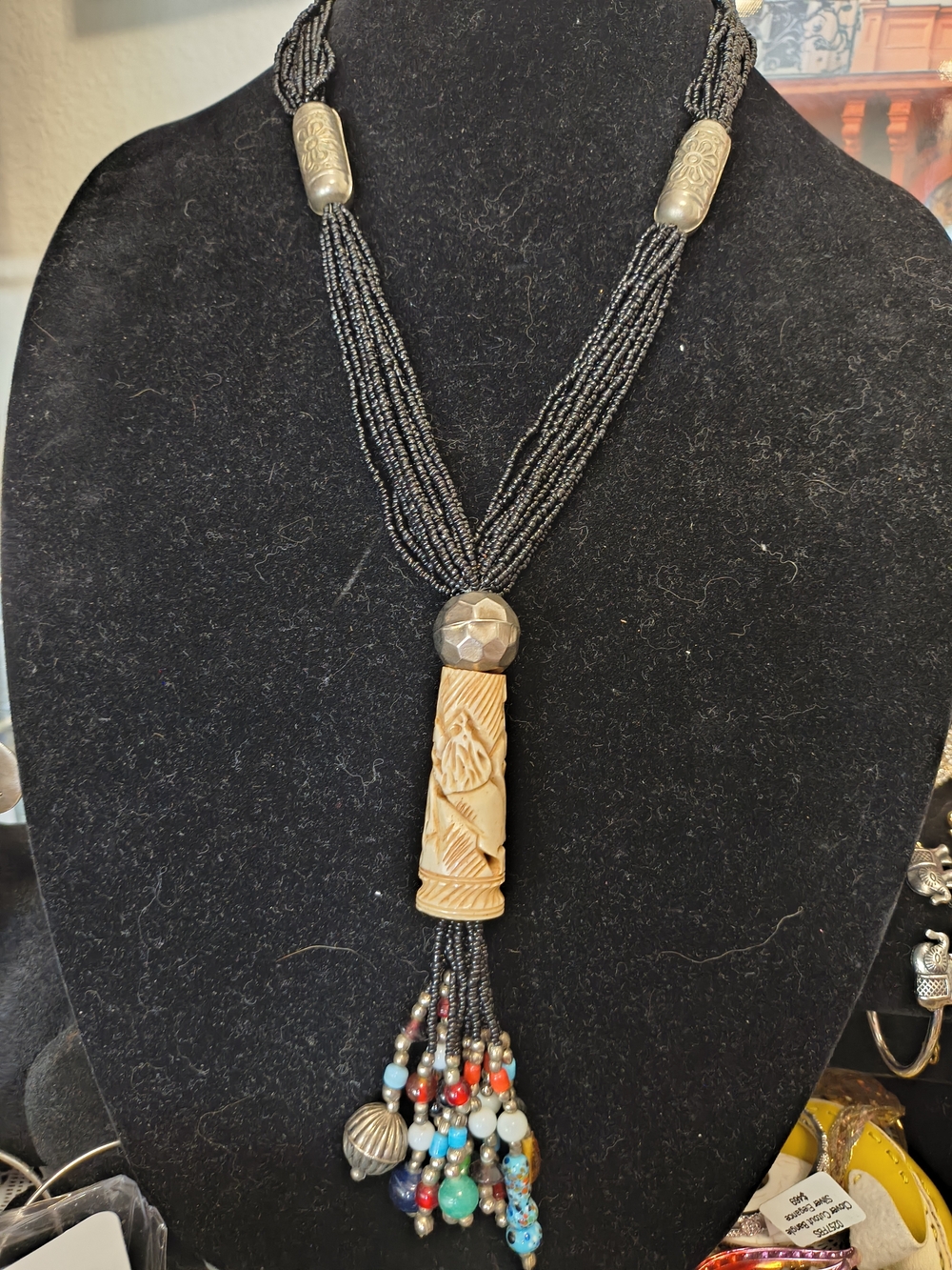 Bohemian Sead Beaded Tassel Necklace with Carved Bone Pendant